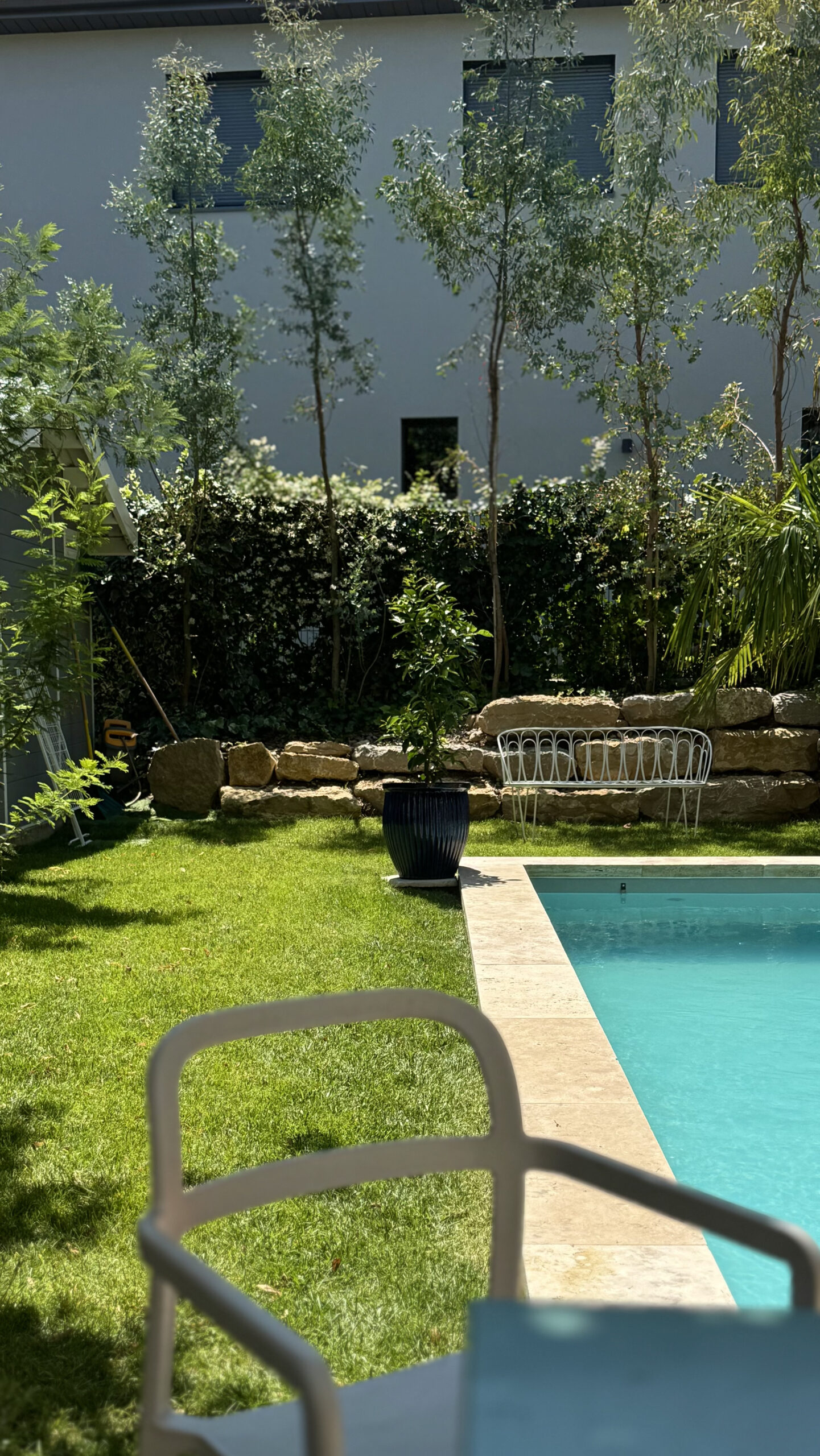 Sous l'ombre des peupliers on observe le jardin