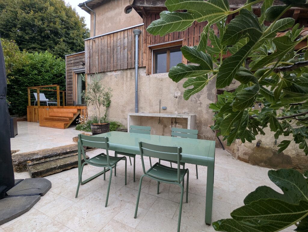 Cuisine extérieure en béton, mobilier vert et figuier dans un jardin à Dardilly