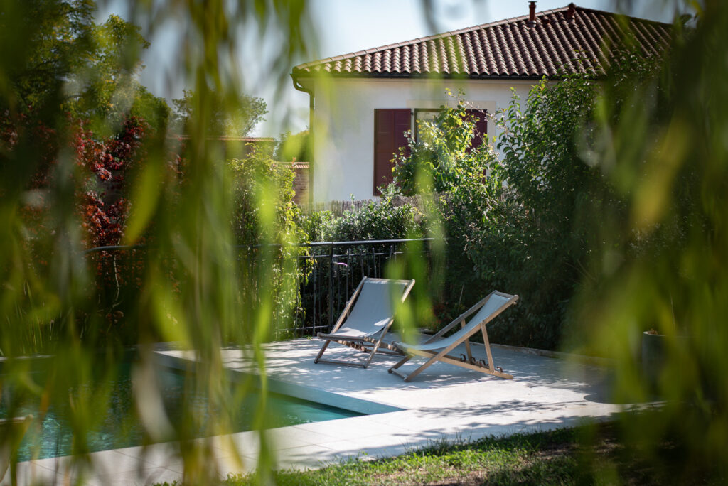 Vue sur la piscine et les bains de soleil à travers le feuillage