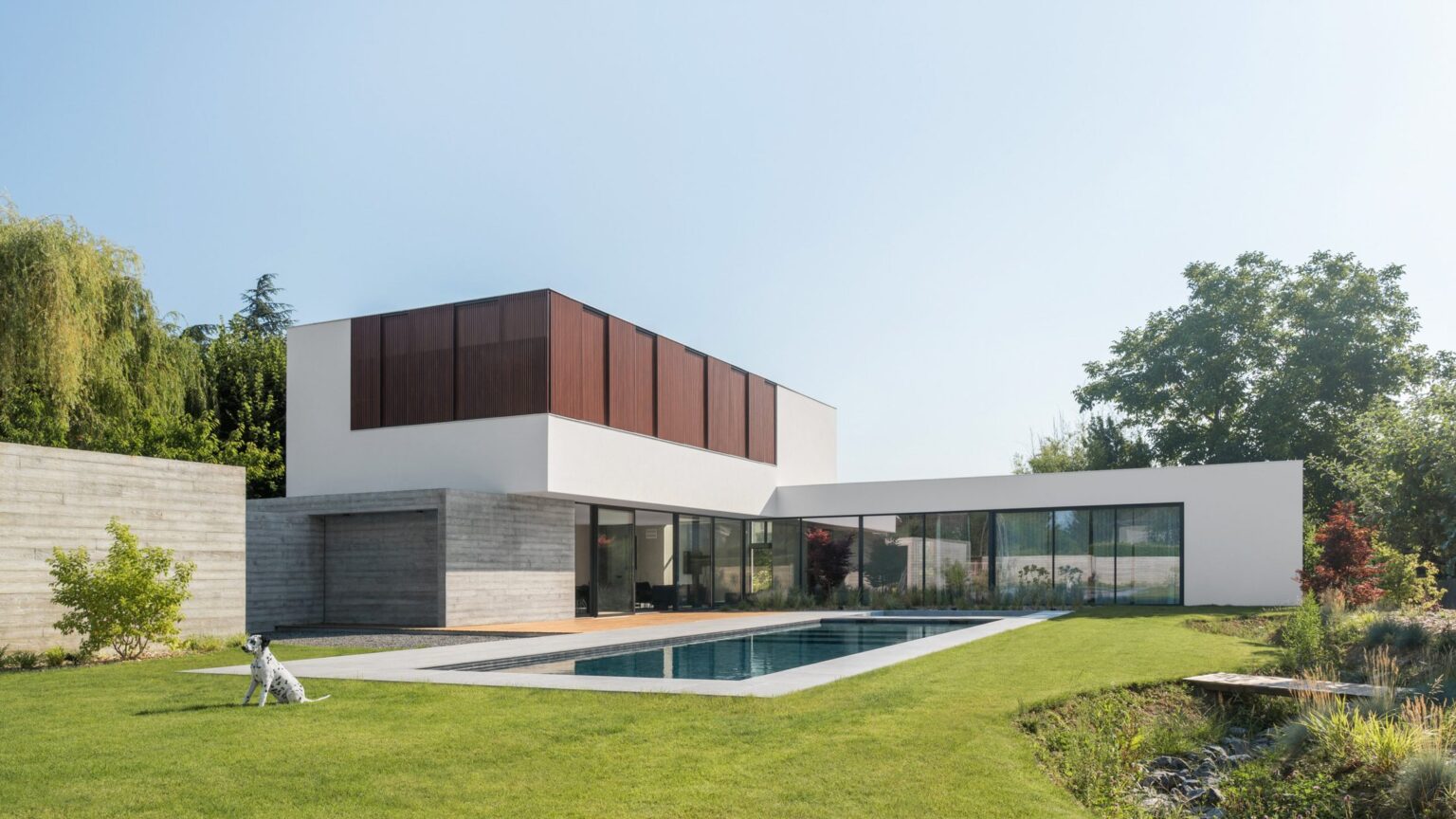 Jardin contemporain autour d’une piscine devant une maison d’architecte à Saint-Didier-au-Mont-d’Or
